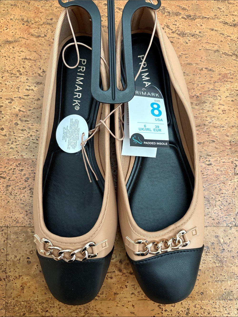 Primark Tan and Black Chain-Trim Ballet Flats